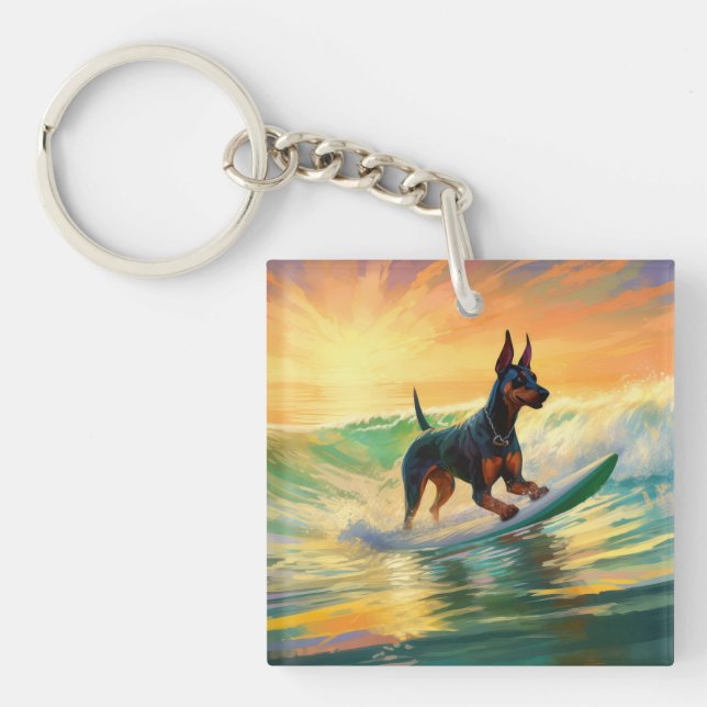 Doberman Beach Surfing Painting Keychain (Front)