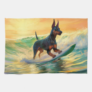 Doberman Beach Surfing Painting Kitchen Towel