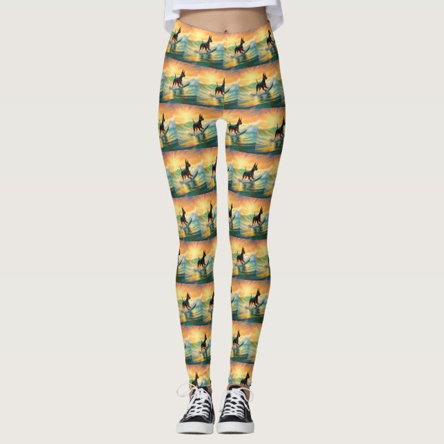 Doberman Beach Surfing Painting Leggings (Front)