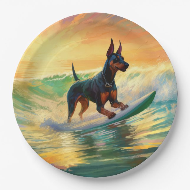 Doberman Beach Surfing Painting Paper Plates (Front)