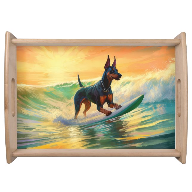 Doberman Beach Surfing Painting Serving Tray (Front)