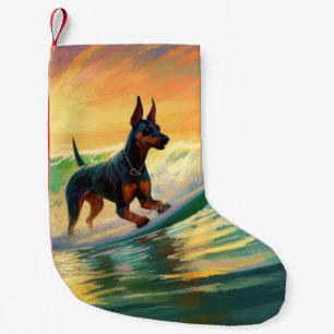 Doberman Beach Surfing Painting Small Christmas Stocking