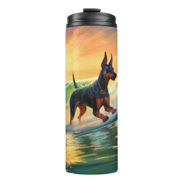 Doberman Beach Surfing Painting Thermal Tumbler (Front)
