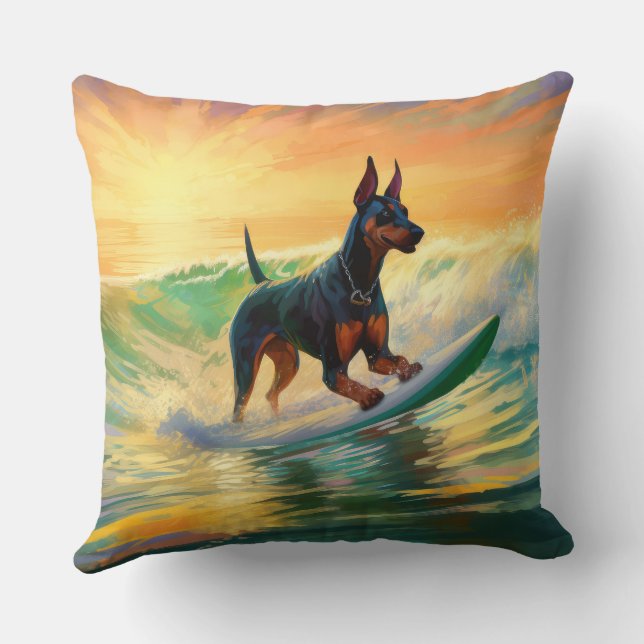 Doberman Beach Surfing Painting Throw Pillow (Back)
