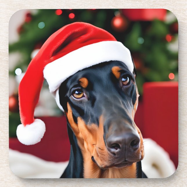 Doberman Christmas Beverage Coaster (Front)