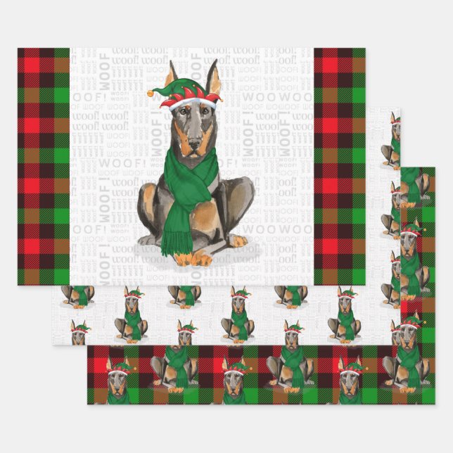 Doberman Christmas Dog and Red Holiday Plaid Wrapping Paper Sheets (Set)