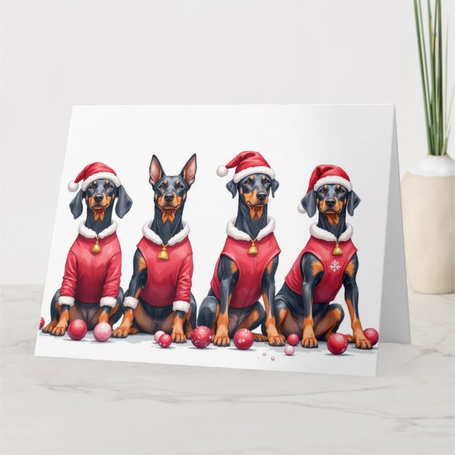 Doberman Christmas Dress Santa Hat Card (Front)