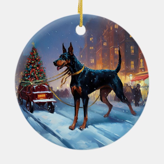 Doberman Christmas Festive Season Ceramic Ornament (Back)