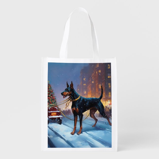 Doberman Christmas Festive Season Grocery Bag (Front)