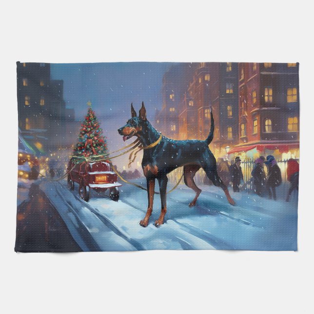Doberman Christmas Festive Season Kitchen Towel (Horizontal)