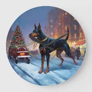 Doberman Christmas Festive Season Large Clock