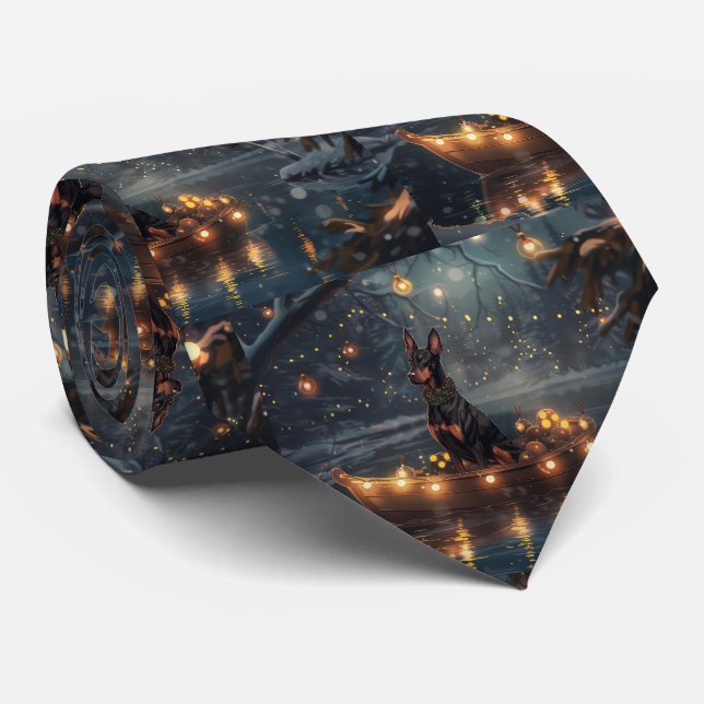Doberman Christmas Festive Voyage  Neck Tie (Rolled)