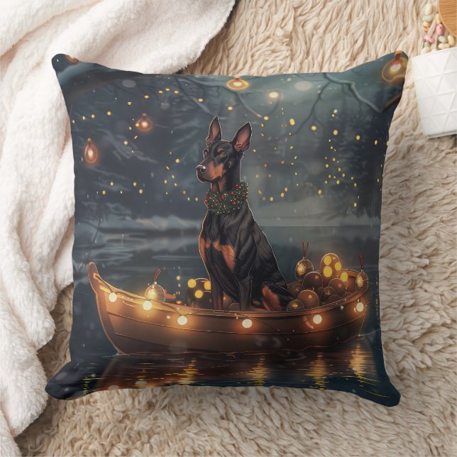 Doberman Christmas Festive Voyage  Throw Pillow (Blanket)