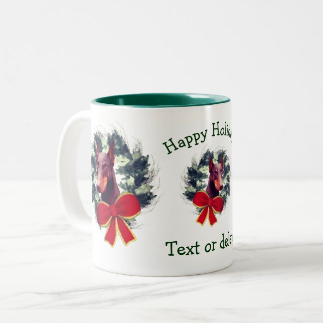 Doberman Christmas Holiday Personalized Two-Tone Coffee Mug (Front Left)