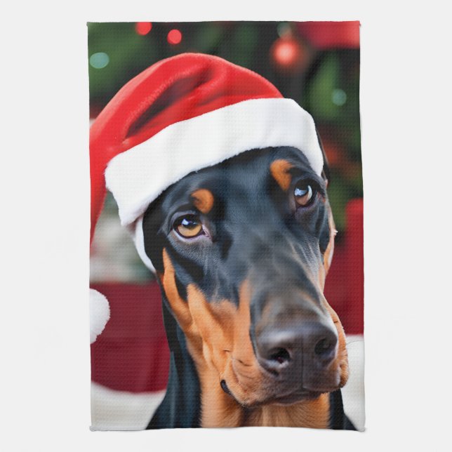 Doberman Christmas Kitchen Towel (Vertical)