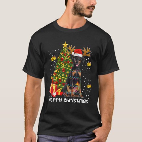 Doberman Christmas Lights Tree Santa Xmas Pajamas T_Shirt