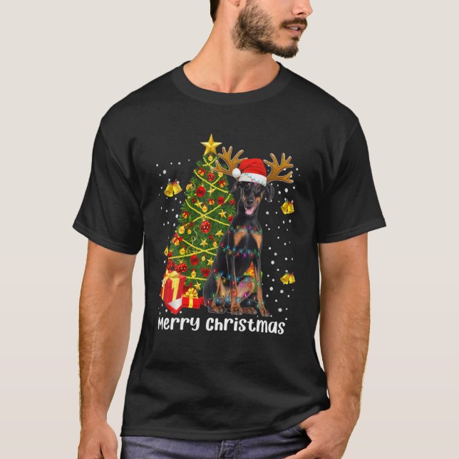 Doberman Christmas Lights Tree Santa Xmas Pajamas T-Shirt (Front)