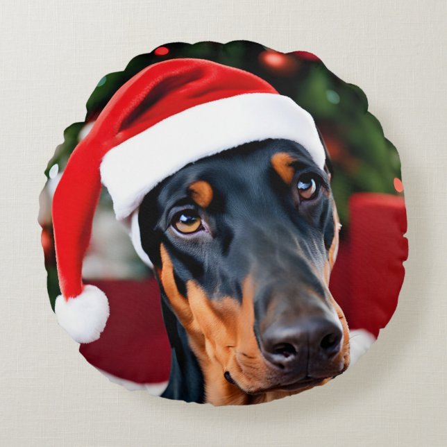 Doberman Christmas Round Pillow (Front)
