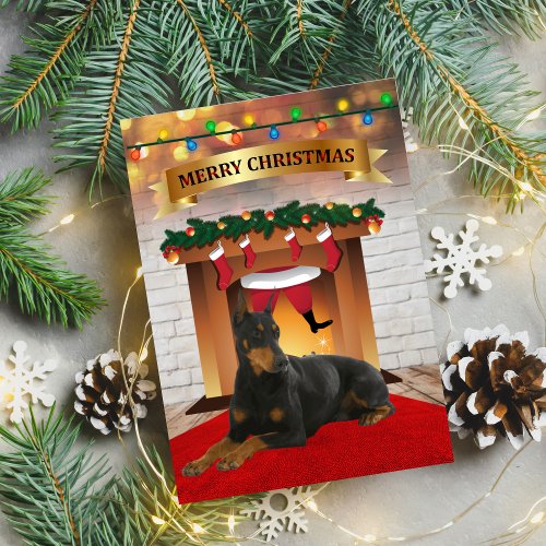 Doberman Christmas Santa Fireplace Holiday Card