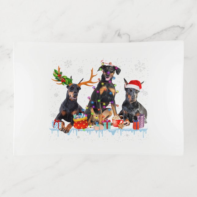 Doberman Christmas Santa Reindeer Hat Trinket Tray (Front)