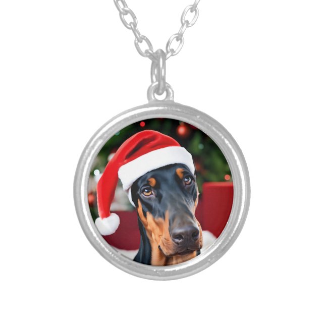 Doberman Christmas Silver Plated Necklace (Front)