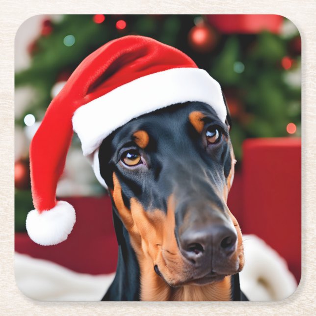 Doberman Christmas Square Paper Coaster (Front)