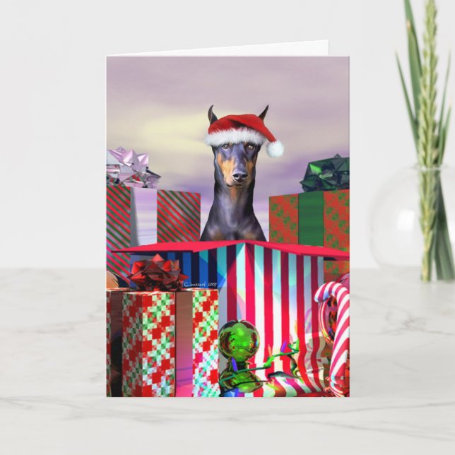 Doberman Christmas Surprise Holiday Card (Front)