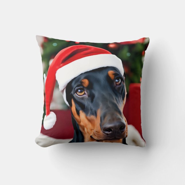 Doberman Christmas Throw Pillow (Front)