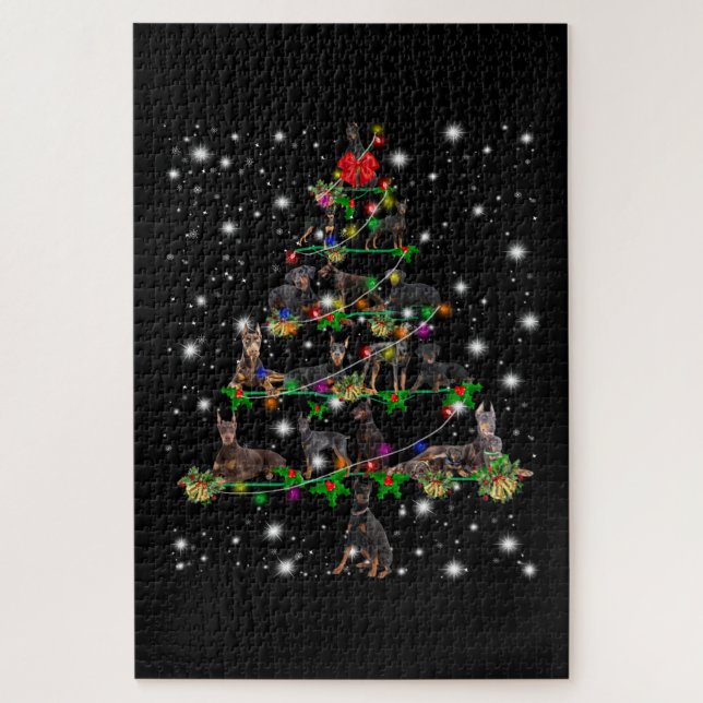 Doberman Christmas Tree Covered By Flashlight Jigsaw Puzzle (Vertical)