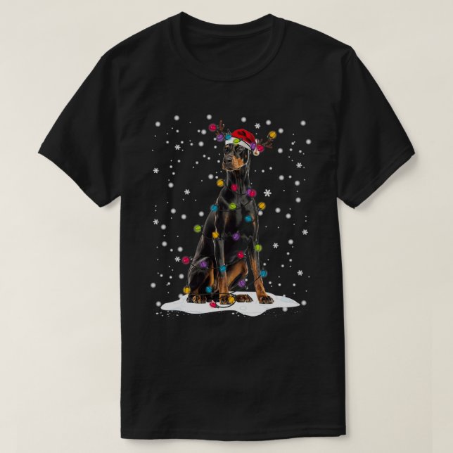 Doberman Christmas Tree Light Pajama Doberman Dog  T-Shirt (Design Front)
