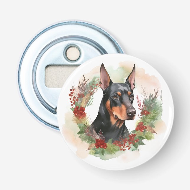 Doberman Christmas Wreath Festive Pup Bottle Opener (Front)