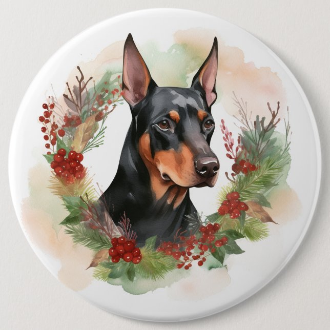Doberman Christmas Wreath Festive Pup Button (Front)