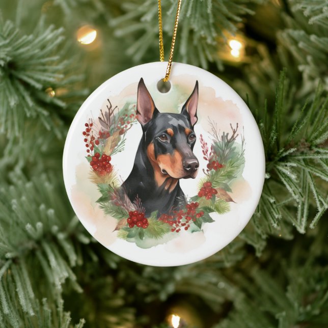 Doberman Christmas Wreath Festive Pup Ceramic Ornament (Tree)