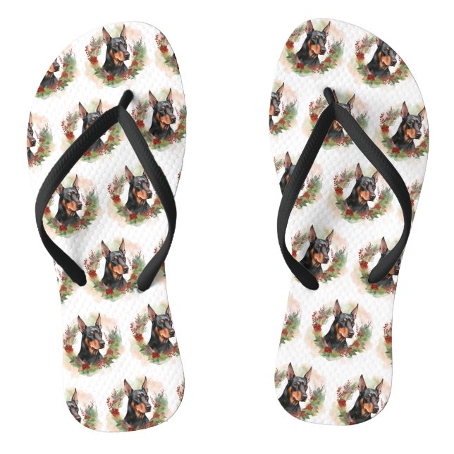 Doberman Christmas Wreath Festive Pup Flip Flops (Footbed)