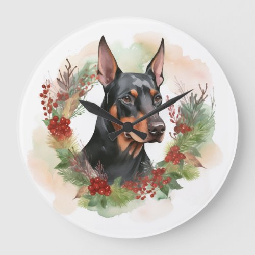 Doberman Christmas Wreath Festive Pup Large Clock