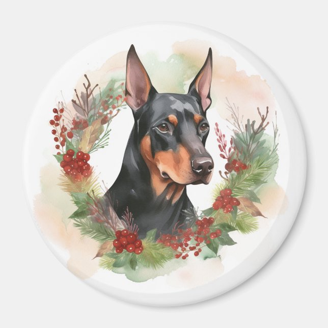 Doberman Christmas Wreath Festive Pup Magnet (Front)