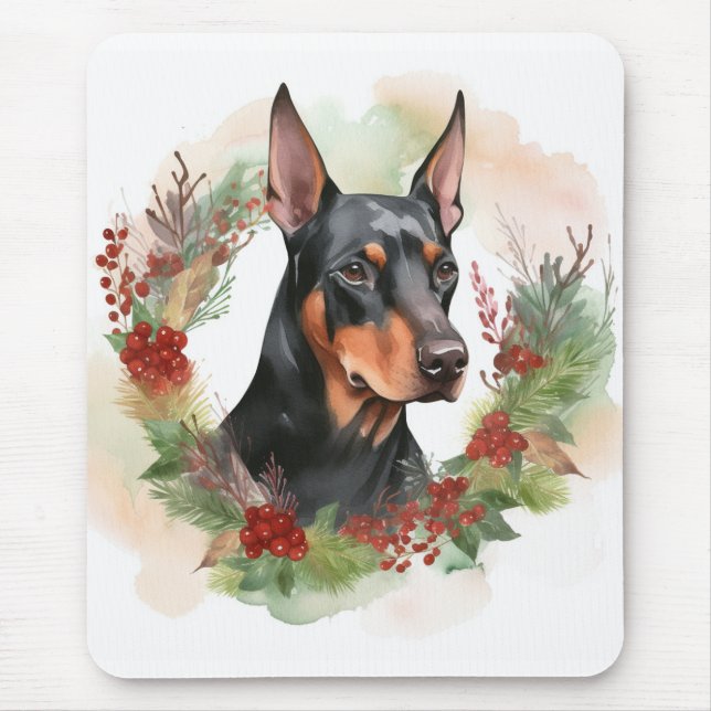 Doberman Christmas Wreath Festive Pup Mouse Pad (Front)