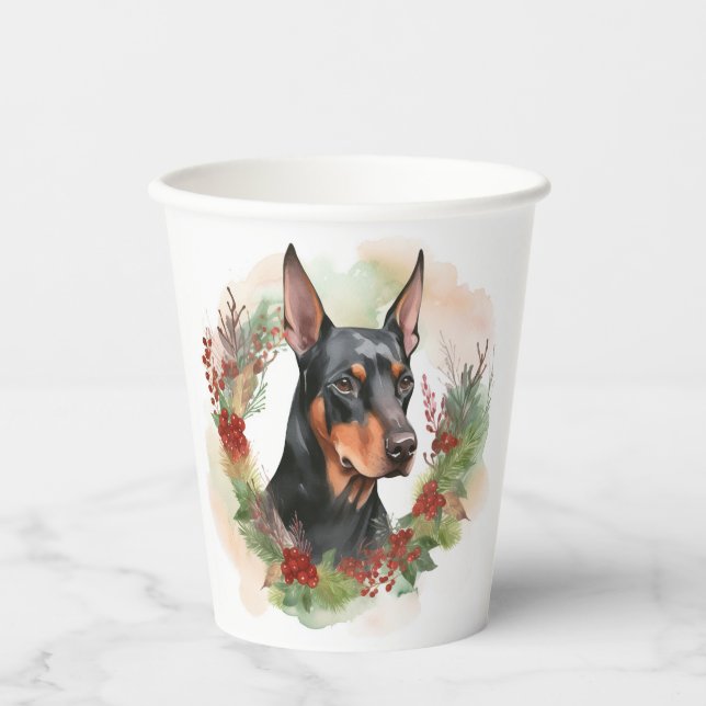 Doberman Christmas Wreath Festive Pup Paper Cups (Front)