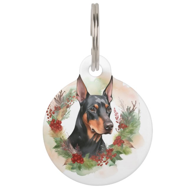 Doberman Christmas Wreath Festive Pup Pet ID Tag (Front)