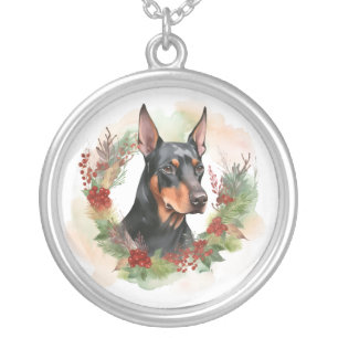 Doberman Christmas Wreath Festive Pup Silver Plated Necklace