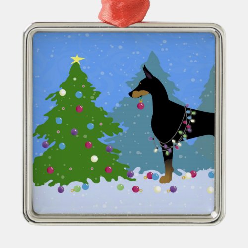 Doberman Decorating Tree in the Forest Metal Ornament
