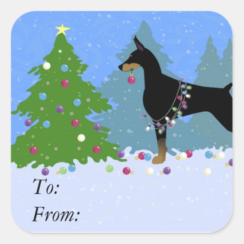 Doberman Decorating Tree in the Forest Square Sticker