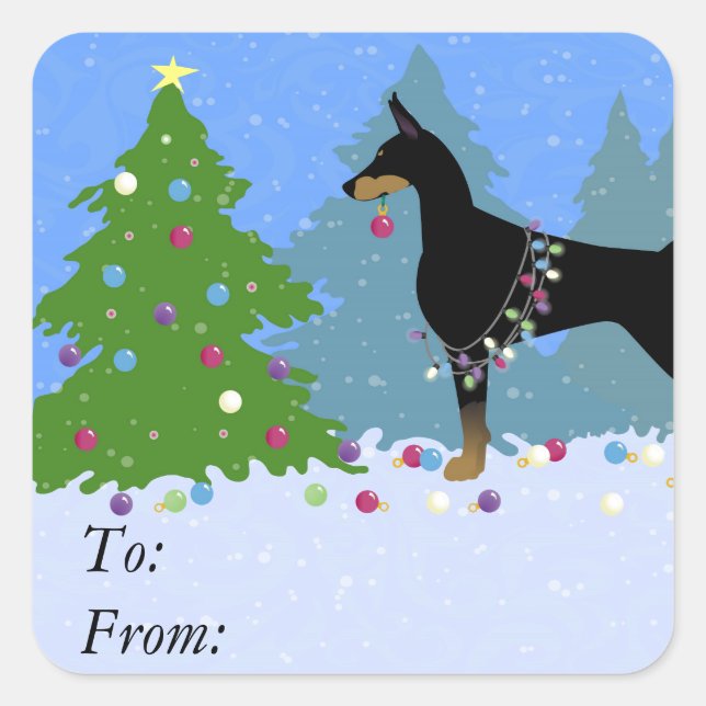 Doberman Decorating Tree in the Forest Square Sticker (Front)
