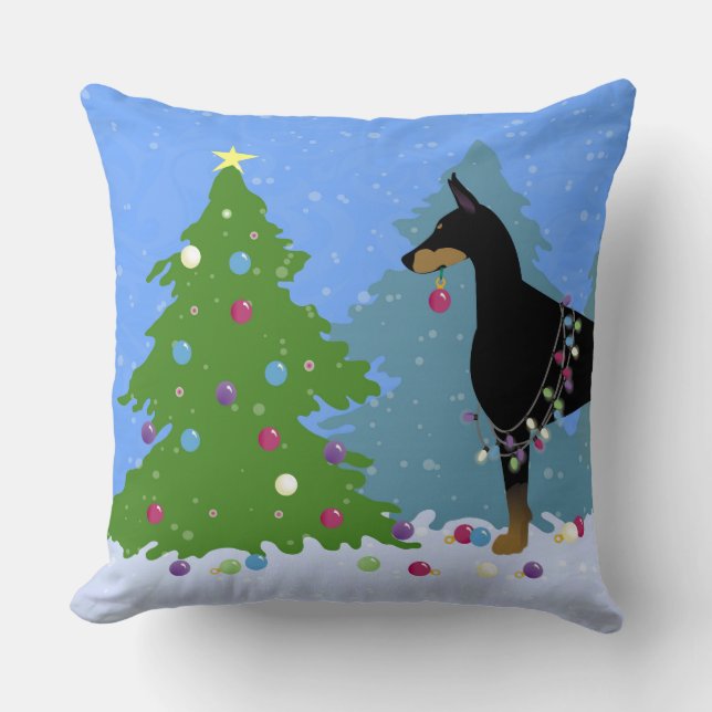 Doberman Decorating Tree in the Forest Throw Pillow (Front)