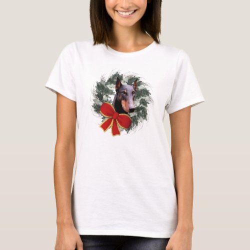 Doberman Dog And Wreath Christmas T_Shirt