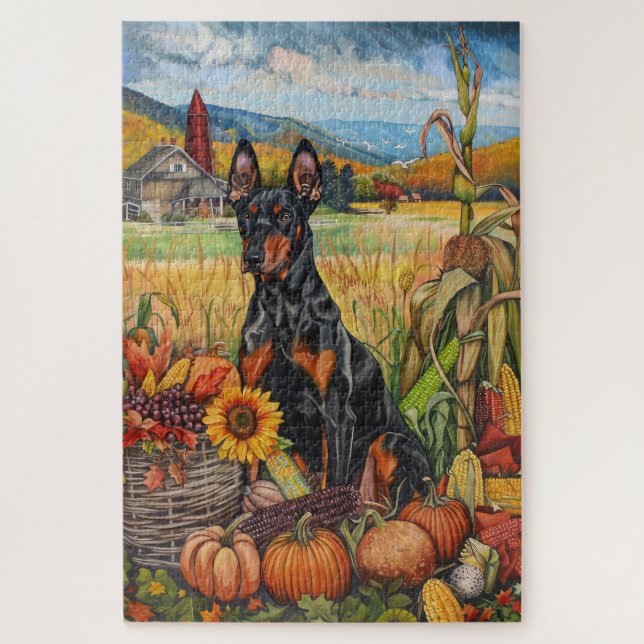 Doberman Dog Autumn Harvest Thanksgiving Jigsaw Puzzle (Vertical)