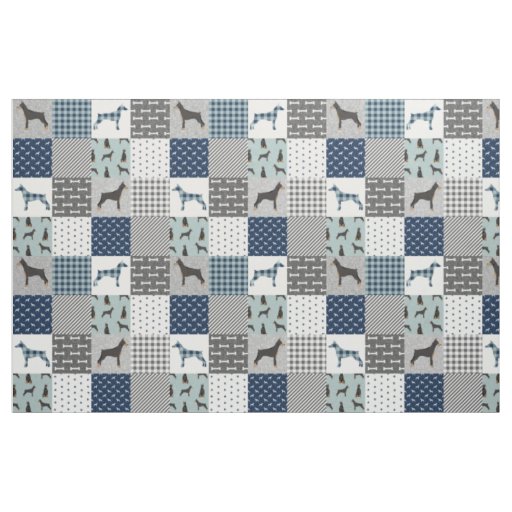 Doberman dog blue patchwork buffalo plaid fabric