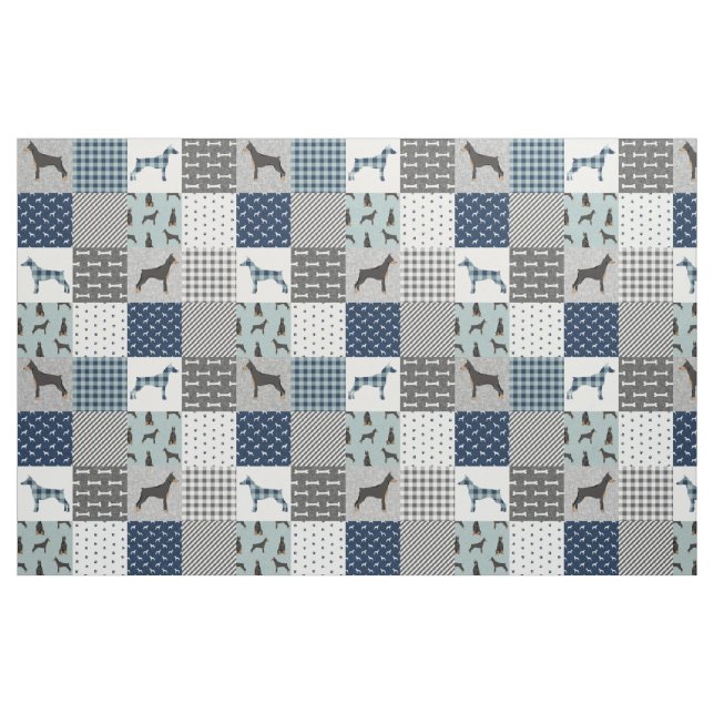 Doberman dog blue patchwork buffalo plaid fabric (Yard)