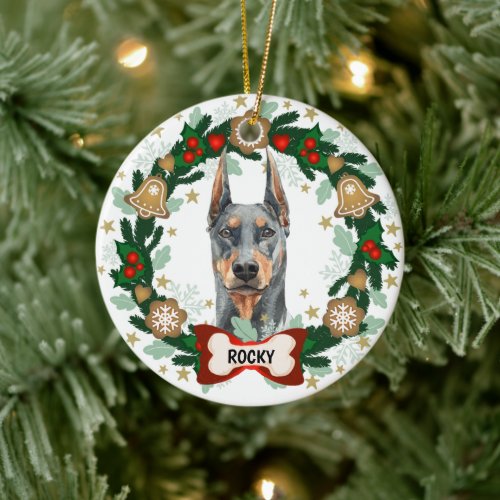 Doberman Dog Christmas Cute Dog Cookie Wreath Ceramic Ornament