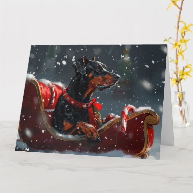 Doberman Dog Christmas Festive Card (Yellow Flower)